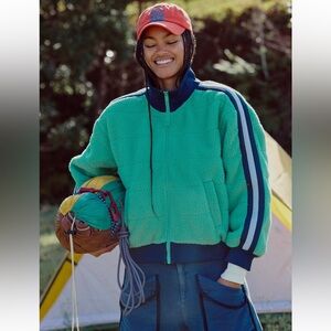 FP Movement by Free People Green Teddy Jacket with Blue Stripes